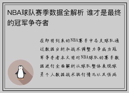 NBA球队赛季数据全解析 谁才是最终的冠军争夺者
